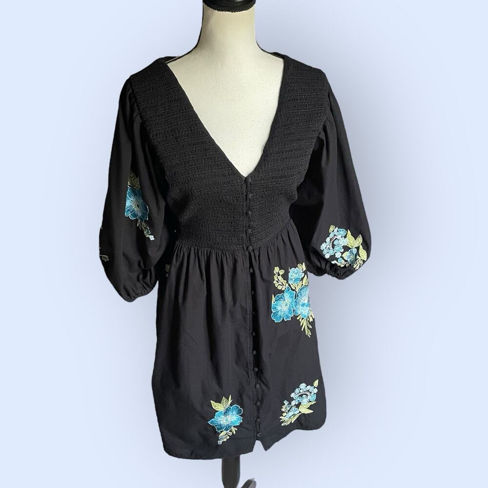 ASOS Curvy Black Cotton Blue Floral Poplin Embroidery Boho Mini Dress Plus 2X 16